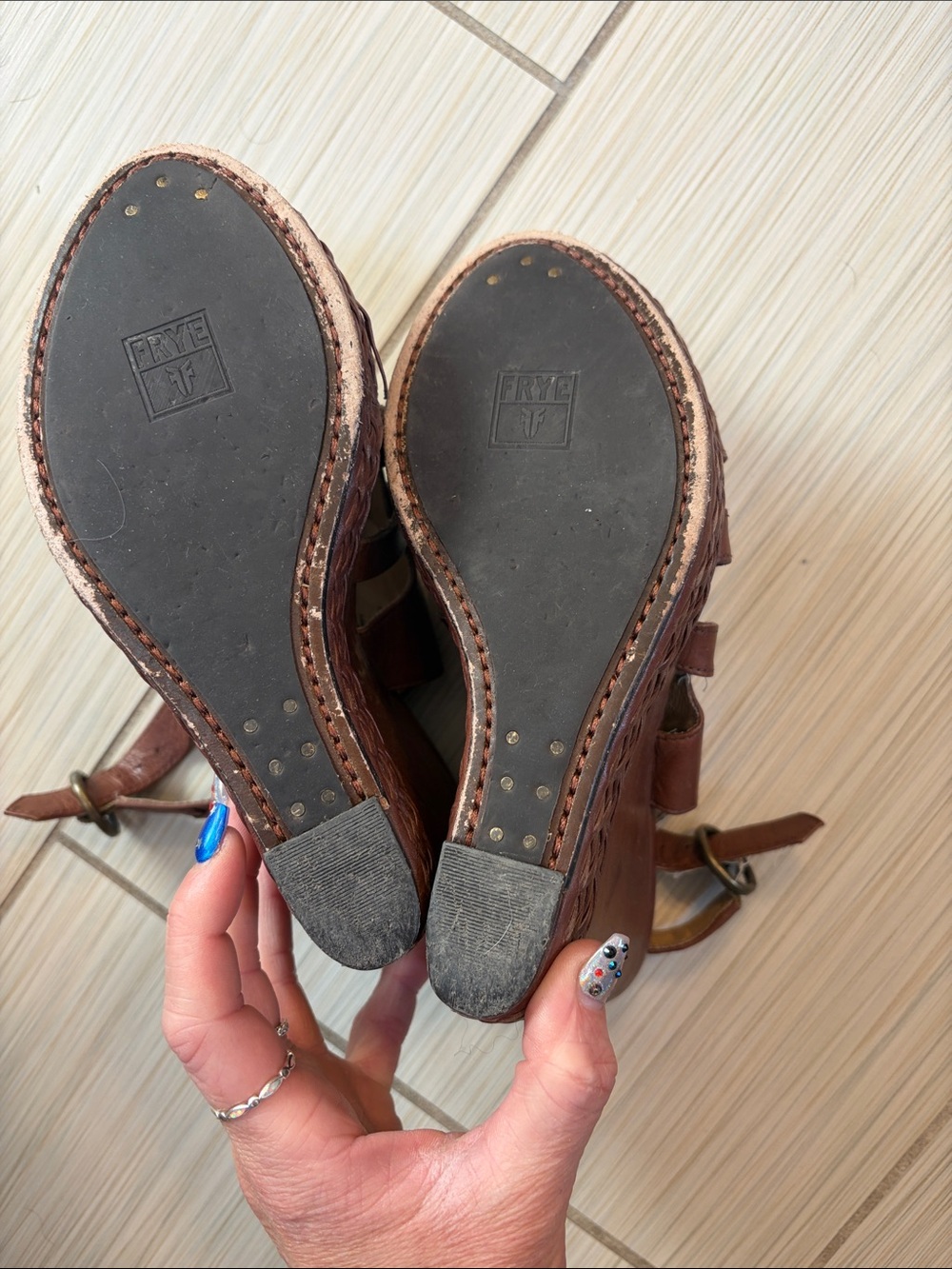 Frye Corrina Strappy Brown Woven Leather Wedge Sandals - Picture 3 of 7